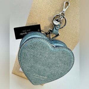 Kate Spade New York Liv Heart Blue Denim Suede Silver Coin Purse Bag Charm NWT